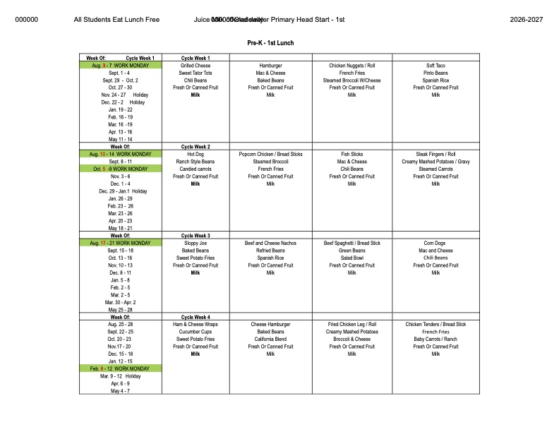 2026-2027 GPS Lunch Menu